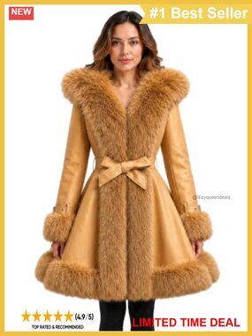 Vegan Leather Belted A-Line Winter Coat Faux Fur Trim Hood 3/4 Length